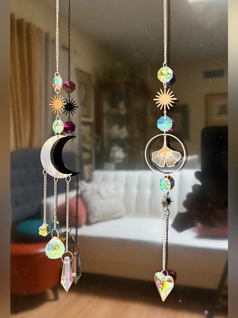 Set of 2 Hanging Moon & Ginkgo Crystal Suncatchers - Iridescent
